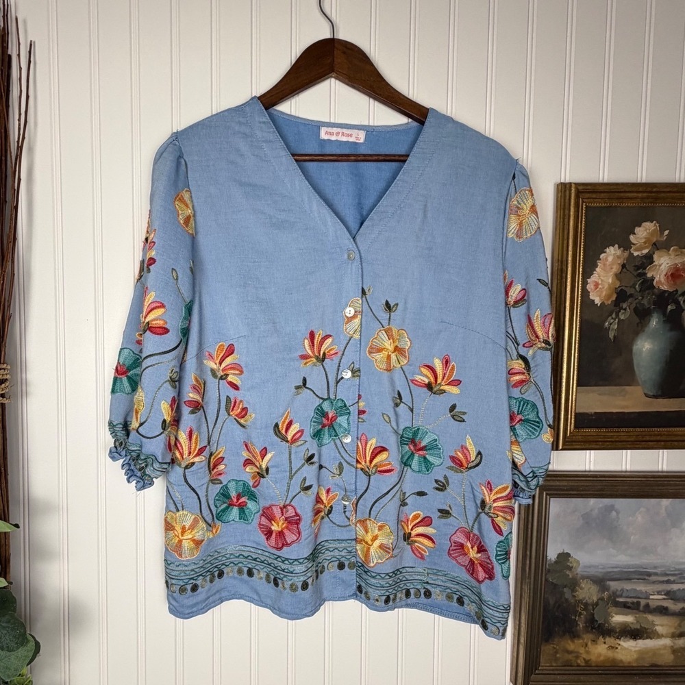 Ana‎ & Rose Blouse Women Large Blue Excellent Embroidered Floral Button Up